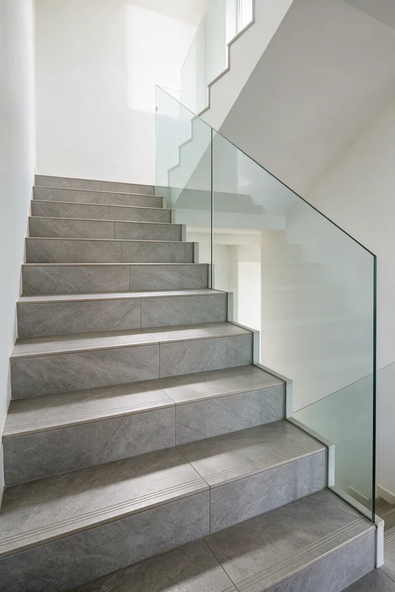 Escalier carrelé en grès cérame gris avec garde-corps en verre