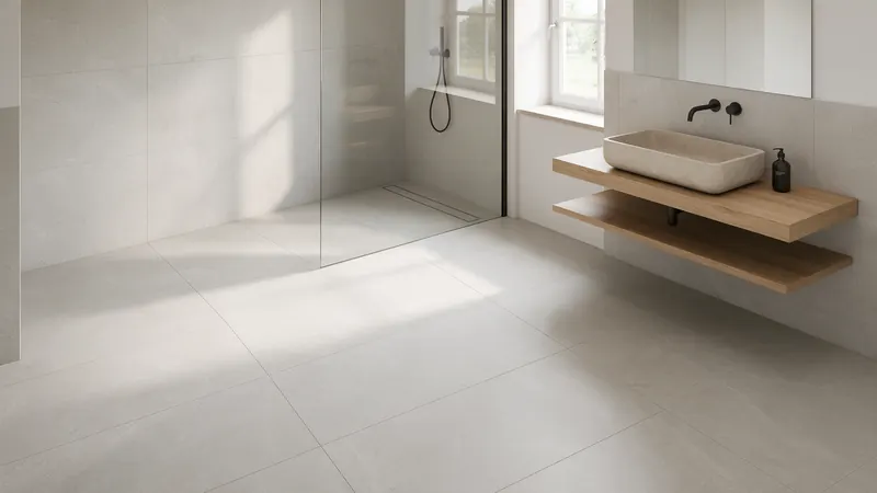 Salle de bain rénovée en grès cérame grand format aspect pierre claire, avec douche de plain-pied et paroi vitrée