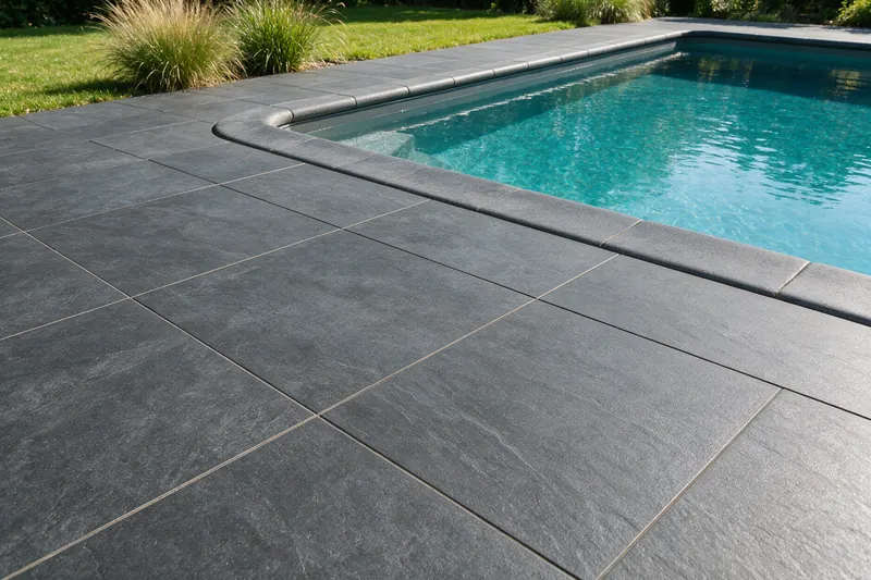 Plage de piscine en carrelage extérieur anthracite de 2 cm avec margelles